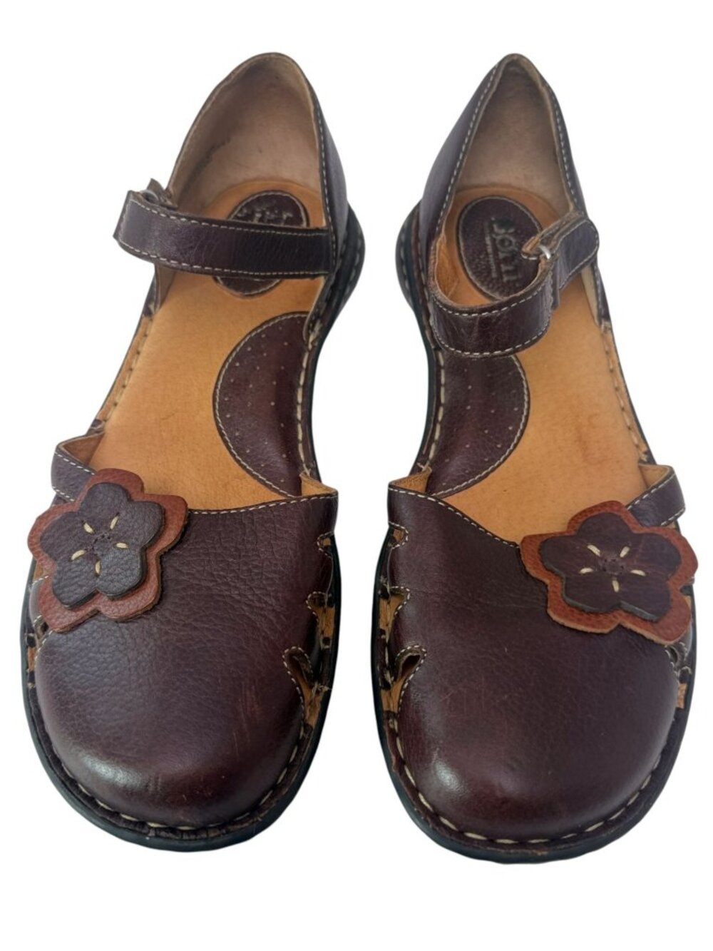 Born Womens Shoes Size 8.5 Brown Leather Ankle Strap Comfort Flats Boho Flower